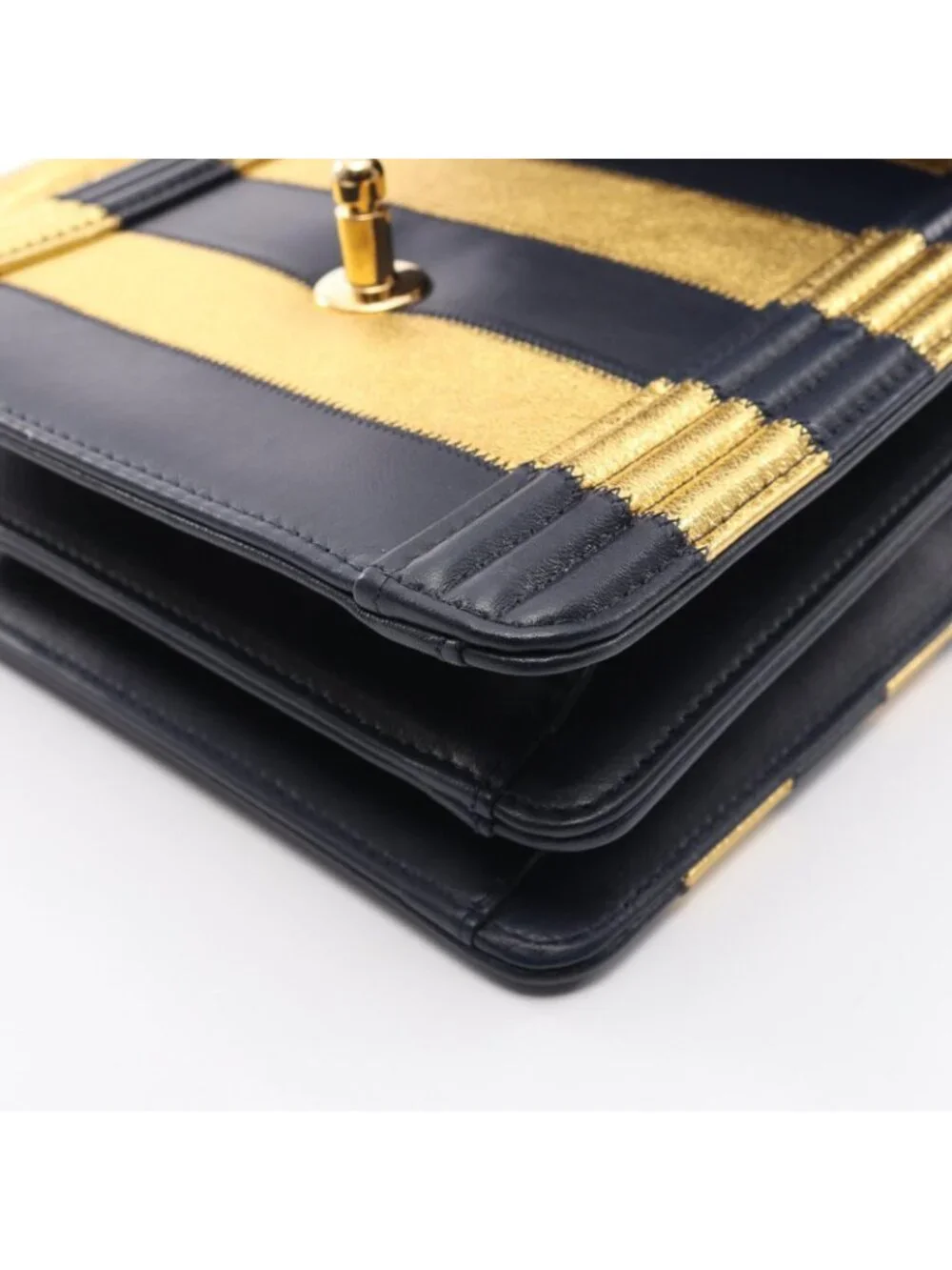 Chanel Shoulder Bag Boy North South Border Gold Navy Lambskin Chain